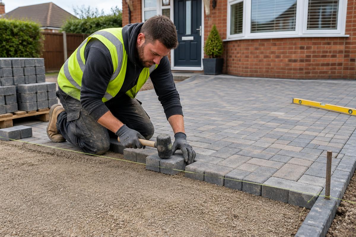 Paving contractor laying block paving over a prepared driveway base