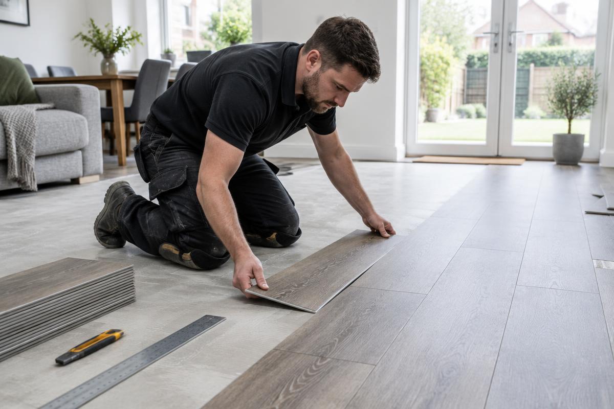 Flooring specialist laying luxury vinyl tiles across a residential ground floor