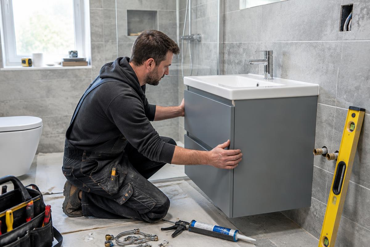 Bathroom fitter installing a vanity unit in a newly tiled bathroom