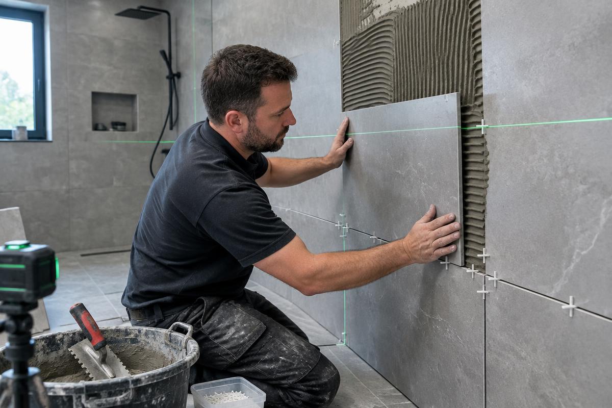 Tiler aligning large-format bathroom wall tiles with spacers and a laser level