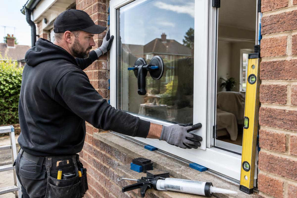 Window fitter installing a double-glazed uPVC unit in a brick house